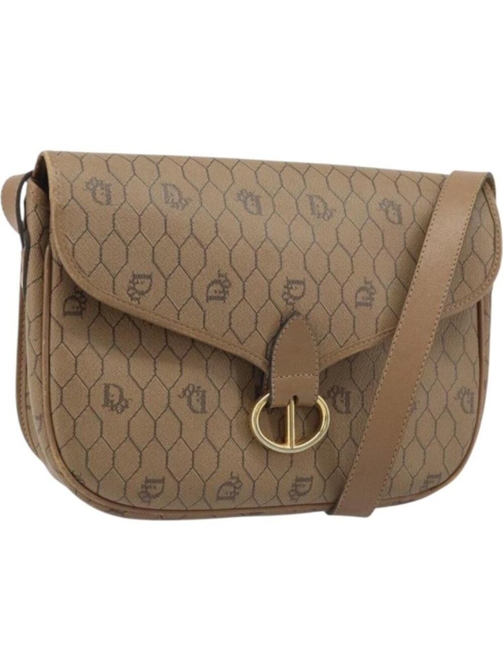 Christian Dior Honeycomb Canvas Shoulder Bag PVC Beige Gold